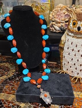 Turquoise & Coral Bead Statement Necklace with Silver Pendant